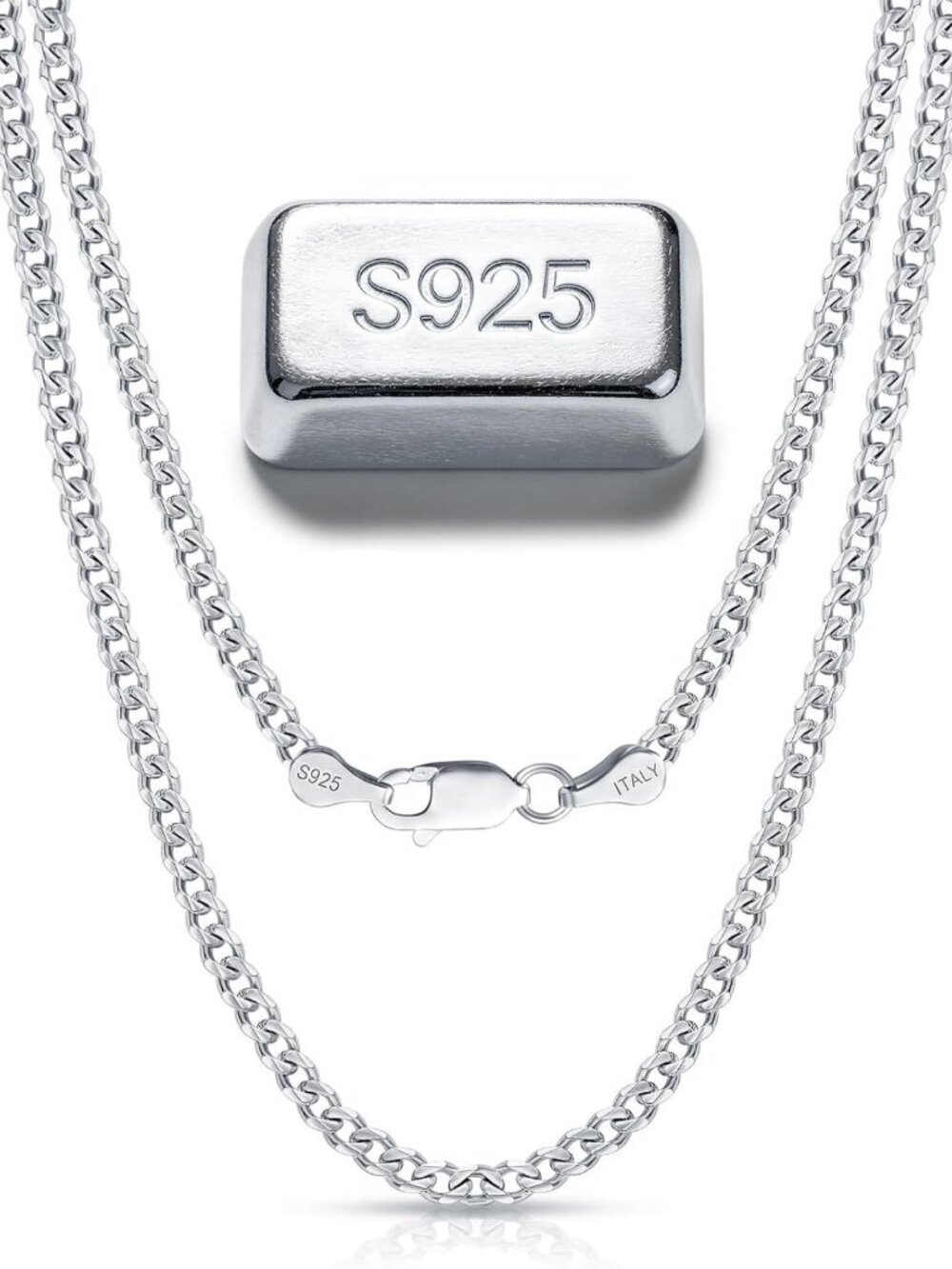 Solid S925 Sterling Silver Cuban Link Chain Necklace for Men & Women, 16-26 Inch